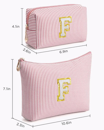 Pink Personalized Initial Makeup Bag Set, Cute Preppy Travel Toiletry Cosmetic Bags, Small Make Up Pouch, Birthday Gifts for Women, Girls, Friends, (F)