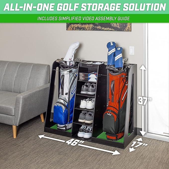 GoSports Premium Wooden Golf Bag Organizer and Storage Rack - Black, White or Brown Finish - Holds 2 Golf Bags