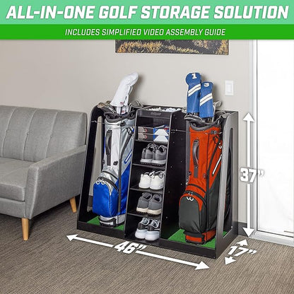 GoSports Premium Wooden Golf Bag Organizer and Storage Rack - Black, White or Brown Finish - Holds 2 Golf Bags