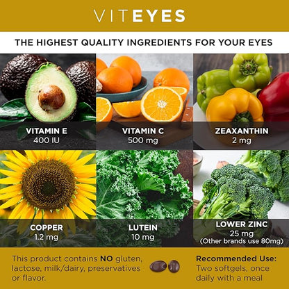 Viteyes AREDS 2 Classic Macular Health Formula Softgels, Eye Health Vitamin to Support Macular Health, Lower Zinc, Eye Vitamins, Macular Vitamins, Beta-Carotene Free, 180 Softgels