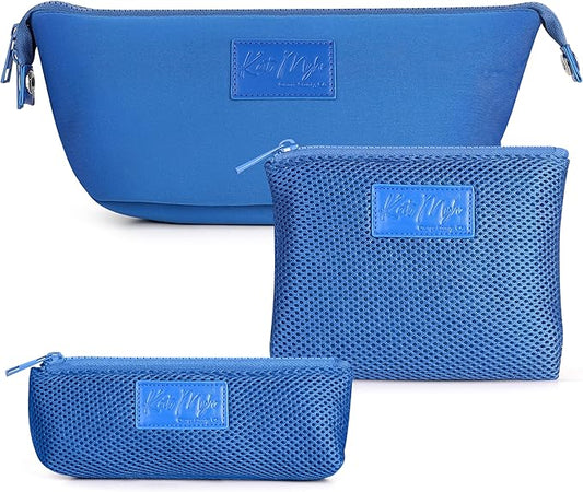 Kat Myhr Neoprene Washable Travel Makeup & Cosmetic Bag Set, 2 Air Mesh Pouches,100% Neoprene Toiletry Bag, Large Water Resistant Travel Bag for Toiletries, Makeup Cosmetic Travel Bag (Royal Blue)