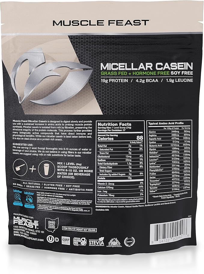 Muscle Feast Micellar Casein Protein, All Natural Pasture Raised Hormone Free Soy Free, Vanilla, 2lb