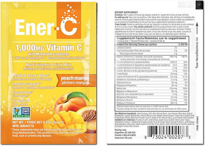 Ener-C Peach Mango Multivitamin Drink Mix Powder Vitamin C 1000mg & Electrolytes with Real Fruit Juice Natural Energy & Immune Support for Women & Men - Non-GMO Vegan & Gluten Free - 60 Count