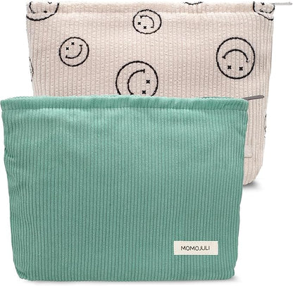 Corduroy Makeup Bag Cosmestic Bag Large Capacity Ladies Women Aesthetic Make Up Organizer Accessories Zipper Pouch Purse （Beige+Light Green）