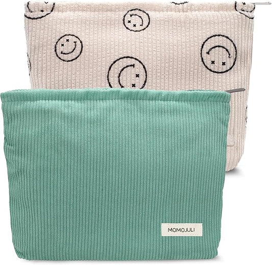 Corduroy Makeup Bag Cosmestic Bag Large Capacity Ladies Women Aesthetic Make Up Organizer Accessories Zipper Pouch Purse （Beige+Light Green）
