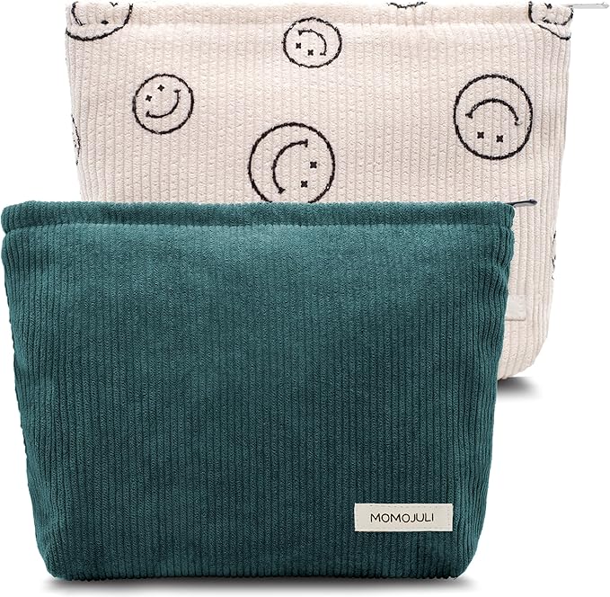 Corduroy Makeup Bag Cosmestic Bag 2pcs Large Capacity Ladies Women Aesthetic Make Up Organizer Accessories Zipper Pouch Purse （Beige+Green）
