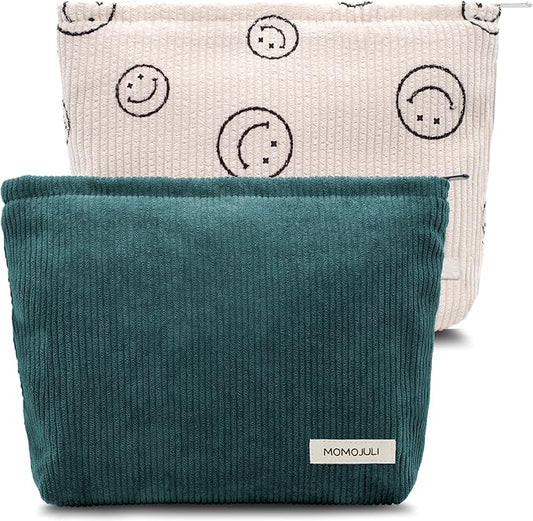 Corduroy Makeup Bag Cosmestic Bag 2pcs Large Capacity Ladies Women Aesthetic Make Up Organizer Accessories Zipper Pouch Purse （Beige+Green）
