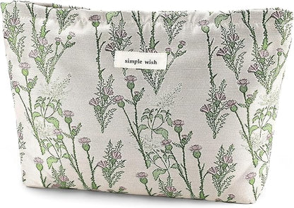 Flower Makeup Bag Travel Large Cosmetic Bag for Women Cute Leaf Makeup Pouch Zipper Cosmetic Pouch for Purse Aesthetic Green Floral Skincare Organizer Portable Toiletry Bag