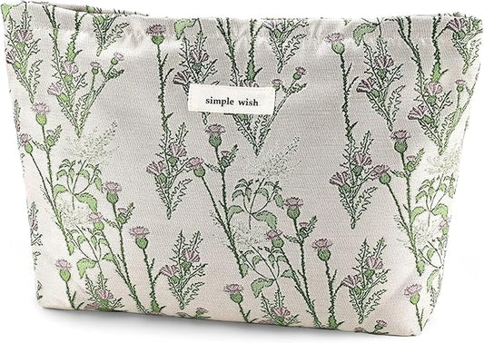Flower Makeup Bag Travel Large Cosmetic Bag for Women Cute Leaf Makeup Pouch Zipper Cosmetic Pouch for Purse Aesthetic Green Floral Skincare Organizer Portable Toiletry Bag