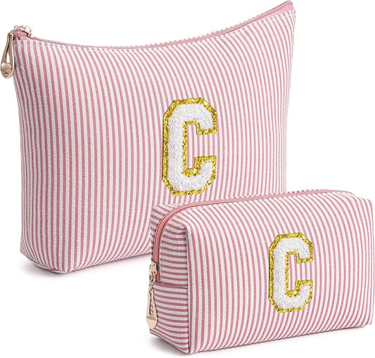 Pink Personalized Initial Makeup Bag Set, Cute Preppy Travel Toiletry Cosmetic Bags, Small Make Up Pouch, Birthday Gifts for Women, Girls, Friends, (C)