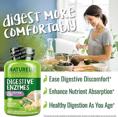 NATURELO Digestive Enzymes - Full Spectrum Support with a Broad Blend of 15 Enzymes Plus Ginger - 180 Vegan Capsules