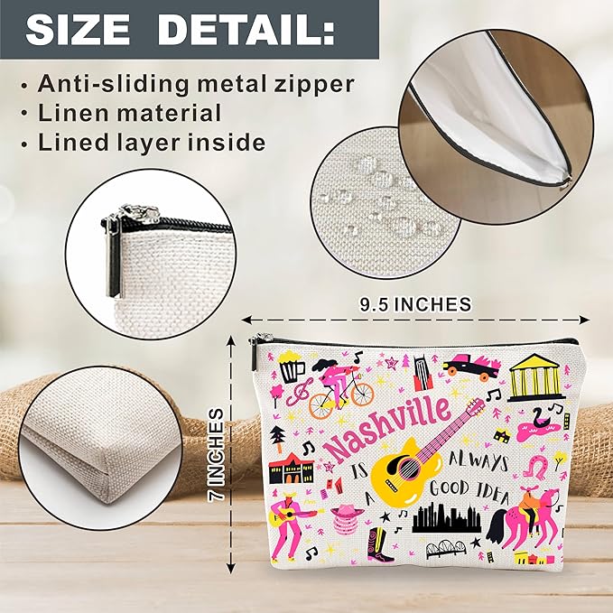 Nashville Souvenirs Cosmetic Bags For Women，Nashville Is Always a Good Idea, Makeup Organizer Bag, Toiletry Pouch, Small Travel Storage Bag, Nashville Themed Gifts, Women Essentials - D04