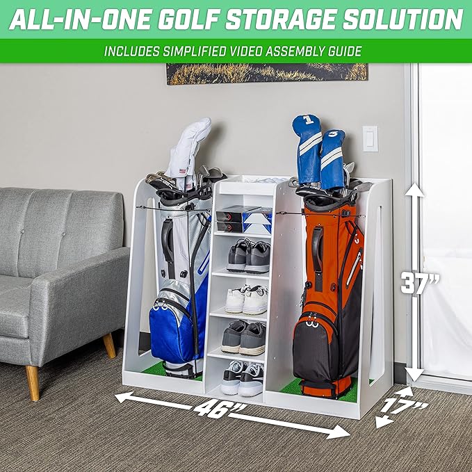 GoSports Premium Wooden Golf Bag Organizer and Storage Rack - Black, White or Brown Finish - Holds 2 Golf Bags