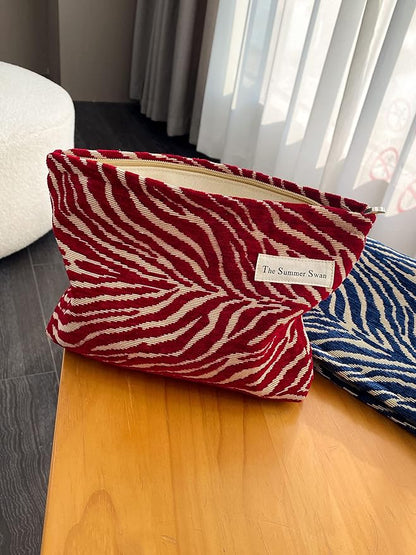 The Summer Swan | Large Aesthetic Floral Mid-day Clutch Period Kit Hygiene Skincare Cute Makeup Bag (Velvet Zebra Print Red)
