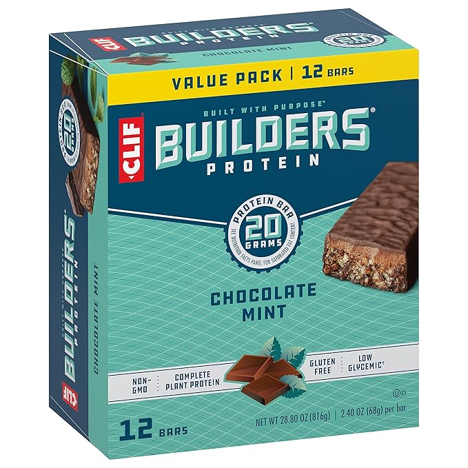 CLIF Builders - Chocolate Mint Flavor - Plant Based Protein Bars - Gluten Free - Non-GMO - Low Glycemic - 20g Protein - 2.4 oz. (12 Pack)