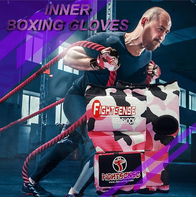 FIGHTSENSE Padded Gel Inner Boxing Gloves for Men and Women with Long Elasticated Hand Wraps for Punching, Boxing, MMA, Muay Thai, Kickboxing and Martial Arts Training (Pair)