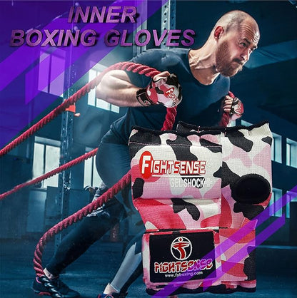 FIGHTSENSE Padded Gel Inner Boxing Gloves for Men and Women with Long Elasticated Hand Wraps for Punching, Boxing, MMA, Muay Thai, Kickboxing and Martial Arts Training (Pair)