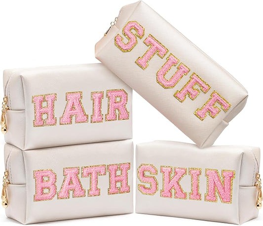 CY2SIDE STUFF Letter Makeup Bag - 4PCS Pink Stuff Hair Bath Skin Chenille Letter Patch Cosmetic Bag Preppy PU Leather Patch Pouch Waterproof Portable Zipper Travel Organizer Xmas Gifts for Women Girls