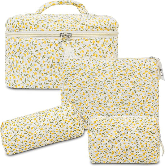 4Pcs Quilted Makeup Bag Set Cute Floral Cosmetic Bag Cotton Coquette Make up Bag Aesthetic Travel Toiletry Bag for Women Girls