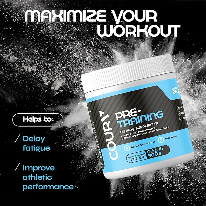 COURA Pre Workout Berries Flavor 300g - 10.5 Ounces - Protein Powder - Energy Boost - Supports Focus and Endurance - Cordyceps - Ideal for Athletes - Gluten-Free
