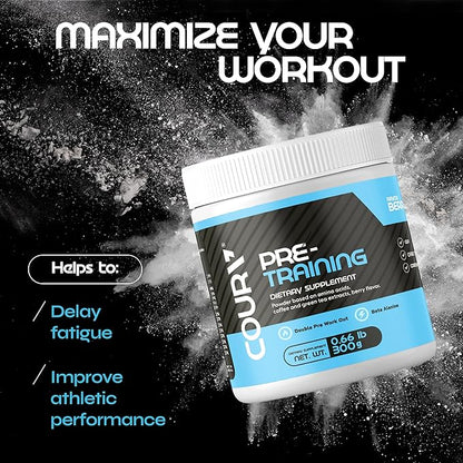 COURA Pre Workout Berries Flavor 300g - 10.5 Ounces - Protein Powder - Energy Boost - Supports Focus and Endurance - Cordyceps - Ideal for Athletes - Gluten-Free