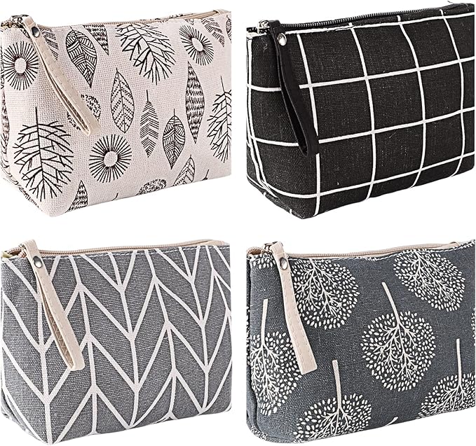 SUMAJU 4 Pcs Canvas Cosmetic Bag, Multi-function Travel Makeup Bag Cosmetic Pouch with Zipper Travel Toiletry Bag Small Makeup Pouch Christmas Gifts Stocking Stuffers for Women