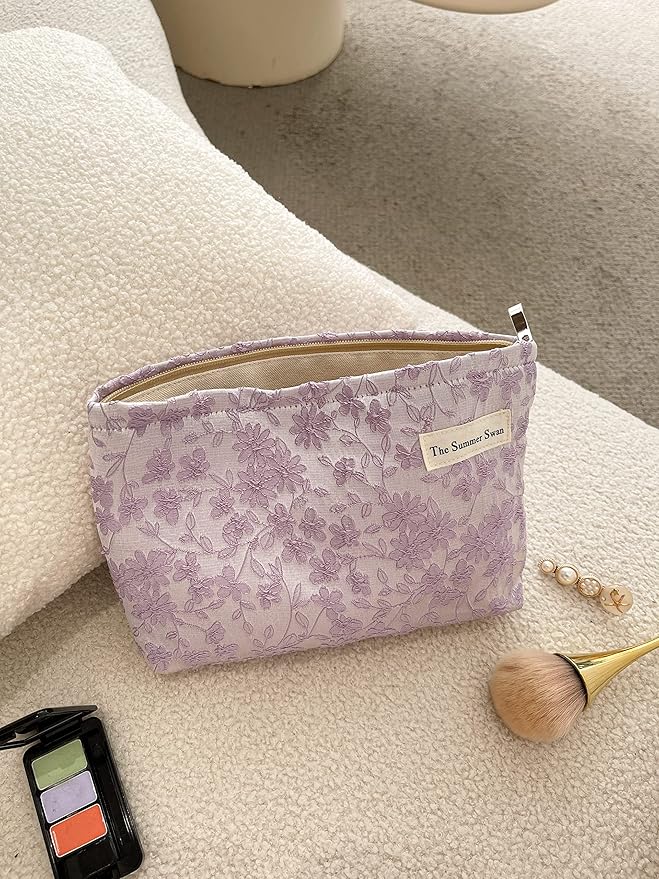 The Summer Swan | Floral Cosmetic Bag｜Large Aesthetic Personal Item Bag | Preppy Travel Makeup Pouch | Skincare Bag (Embroidery Light Purple)