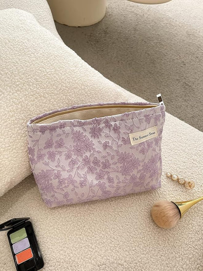 The Summer Swan | Floral Cosmetic Bag｜Large Aesthetic Personal Item Bag | Preppy Travel Makeup Pouch | Skincare Bag (Embroidery Light Purple)