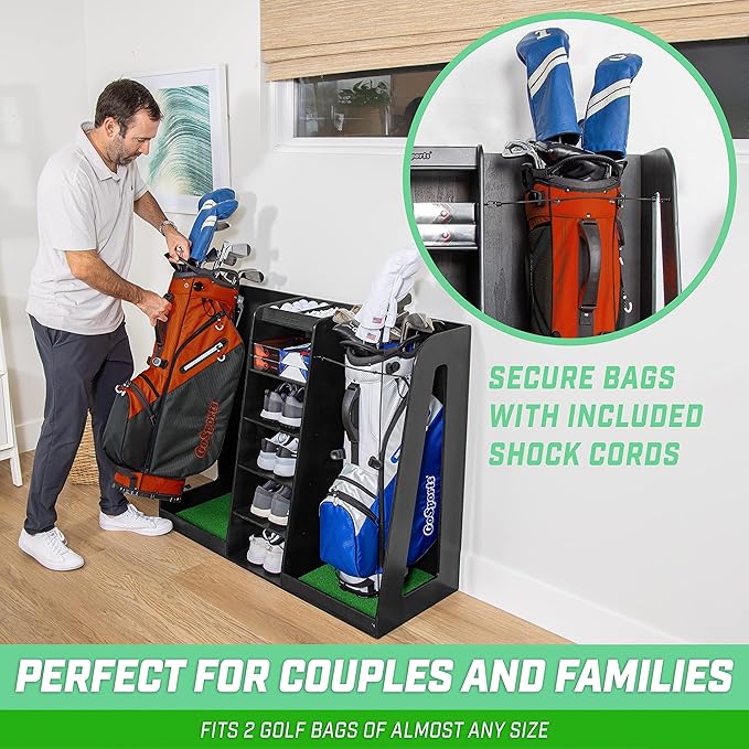 GoSports Premium Wooden Golf Bag Organizer and Storage Rack - Black, White or Brown Finish - Holds 2 Golf Bags