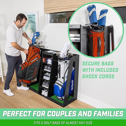 GoSports Premium Wooden Golf Bag Organizer and Storage Rack - Black, White or Brown Finish - Holds 2 Golf Bags