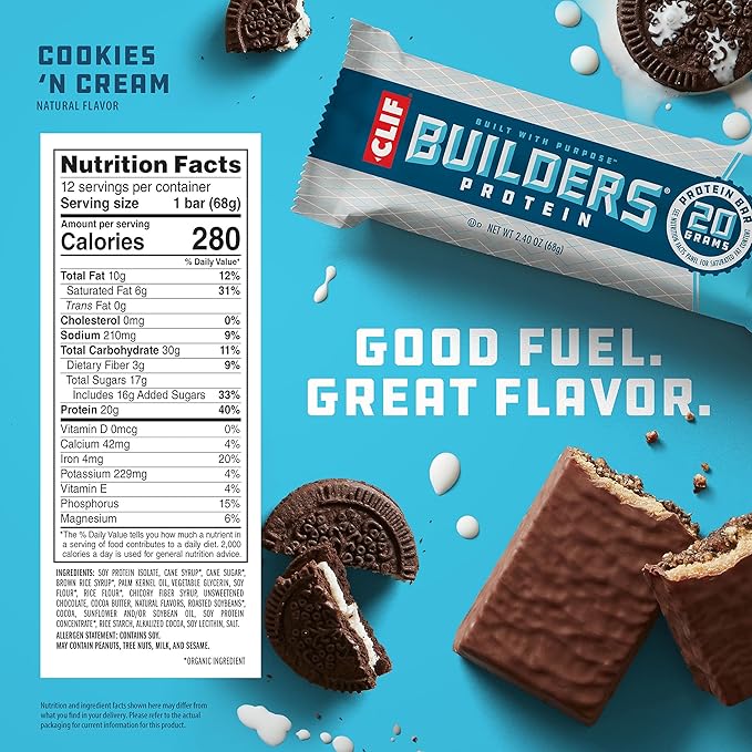 CLIF Builders - Cookies 'n Cream Flavor - Plant Based Protein Bars - Gluten Free - Non-GMO - Low Glycemic - 20g Protein - 2.4 oz. (12 Count)