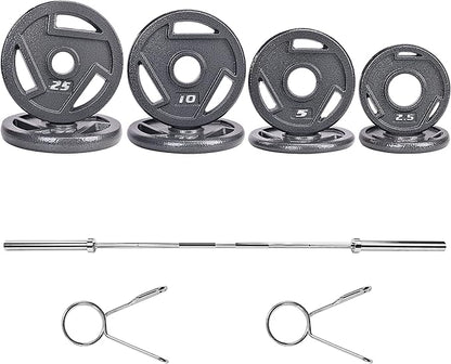Signature Fitness Cast Iron Olympic 2-Inch Weight Plates Including 7FT Olympic Barbell, 130-Pound, 300-Pound or 325-Pound Set, Multiple Packages