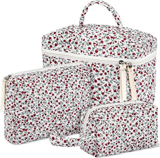 Paterr 3 Pieces Cotton Quilted Makeup Bag Set Coquette Cosmetic Bag Aesthetic Travel Toiletry pouch Cute Pouch Kawaii Aesthetic for Women(Red,Red Floral)