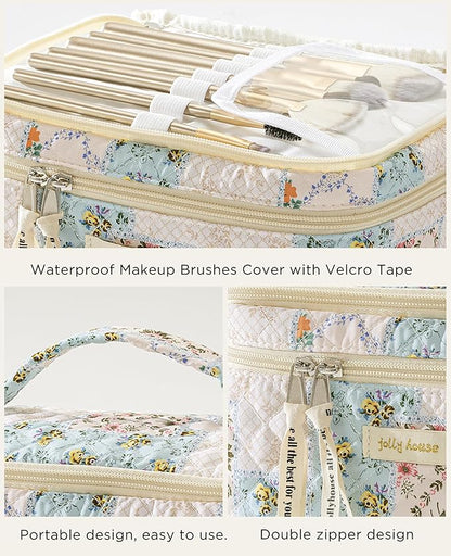 HBselect 2Pcs Travel Makeup Bag, Large Cotton Quilted Makeup Bag Cosmetic Bag Cute Make up Bag Toiletry Bags for Women Girls