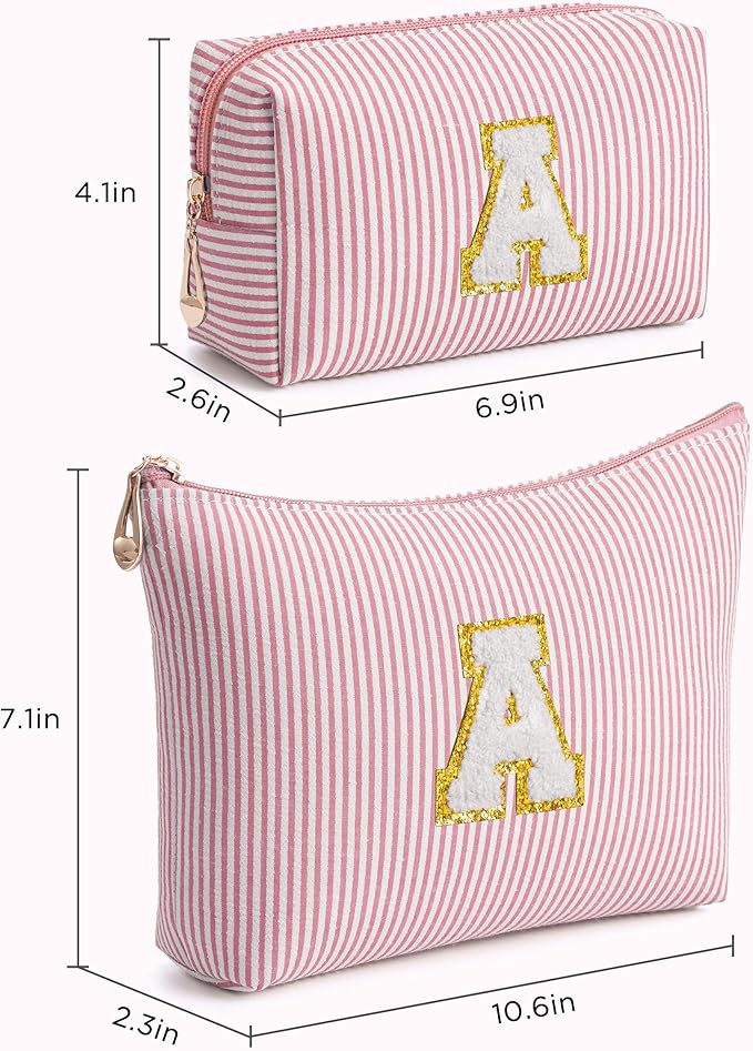 Pink Personalized Initial Makeup Bag Set, Cute Preppy Travel Toiletry Cosmetic Bags, Small Make Up Pouch, Birthday Gifts for Women, Girls, Friends, (A)