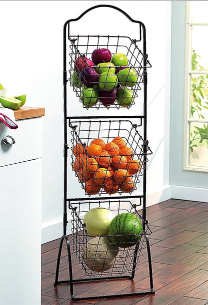 Gourmet Basics by Mikasa 5162874 3-Tier Metal Market Basket, Antique Black