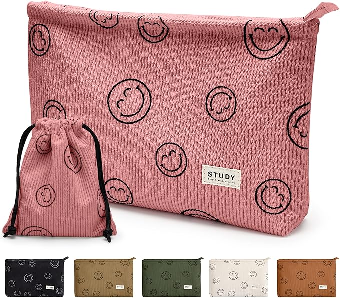WLLWOO Makeup Bag-2pcs Smile Face Corduroy Cosmetic Bag Zipper Interior Waterproof Pencil Case Coin Purse Travel Toiletry Small Makeup Pouch For Women