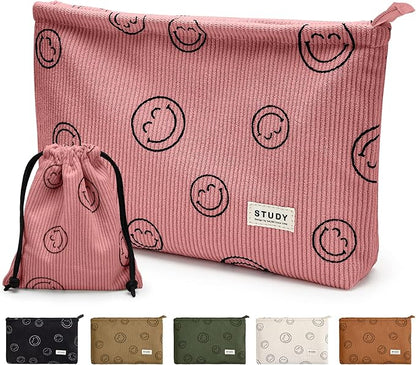 WLLWOO Makeup Bag-2pcs Smile Face Corduroy Cosmetic Bag Zipper Interior Waterproof Pencil Case Coin Purse Travel Toiletry Small Makeup Pouch For Women