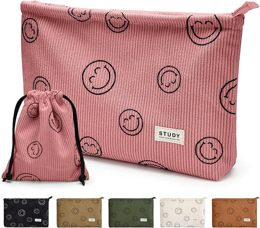 WLLWOO Makeup Bag-2pcs Smile Face Corduroy Cosmetic Bag Zipper Interior Waterproof Pencil Case Coin Purse Travel Toiletry Small Makeup Pouch For Women