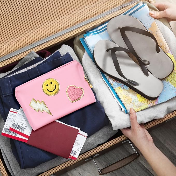 LieToi Preppy Patch Cosmetic Toiletry Bag, PU Leather Portable Waterproof Makeup Bag Smile Lightning Heart Organizer Compliant Bag Daily Travel Use Storage Purse for Women Girls (Large, Pink)
