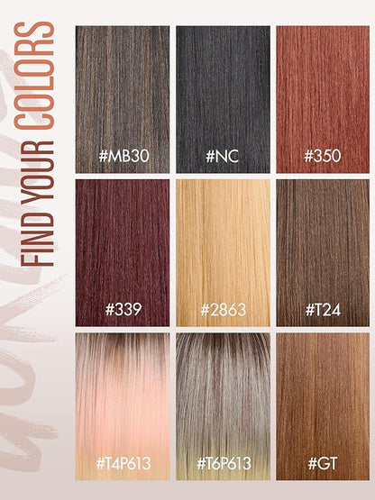 GORGIUS Straight Glueless Wig with Bangs Highlight Brown Layered Hair Ready-to-Go Synthetic Bang Wigs with Realistic Scalp 24 Inch