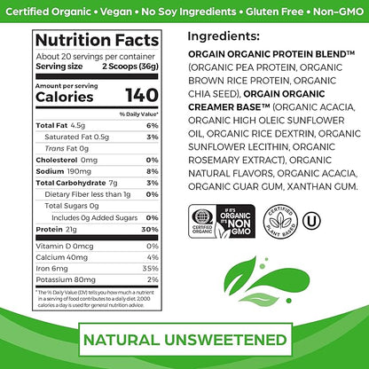 Orgain Organic Vegan Protein Powder, Natural Unsweetened - 21g of Plant Protein, 4g Prebiotic Fiber, Low Net Carbs, No Lactose Ingredients, No Added Sugar, Non-GMO, For Shakes & Smoothies, 1.59 lb