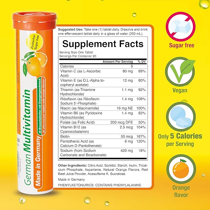 German Multvitamin 10 Vitamins - 480 Vegan Drink Effervescent Tablets - Orange Flavor - Made in Germany