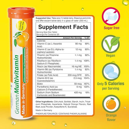 German Multvitamin 10 Vitamins - 480 Vegan Drink Effervescent Tablets - Orange Flavor - Made in Germany
