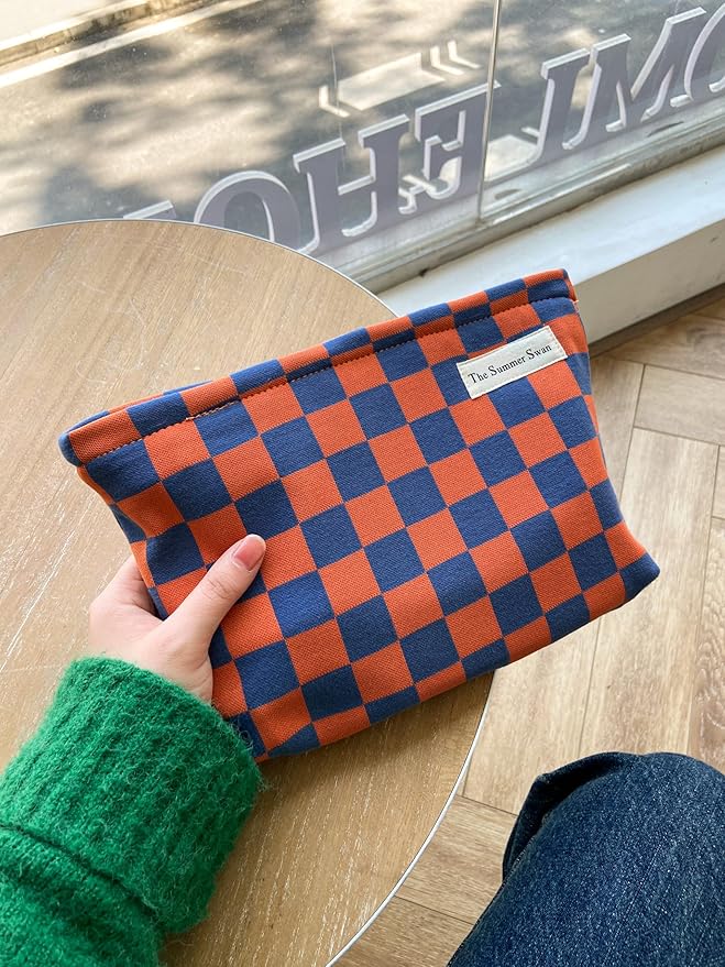 The Summer Swan Large Floral Mid-day Clutch Period Kit Hygiene Skincare Cute Makeup Bag (Colour Block Checkered Orange Navy)