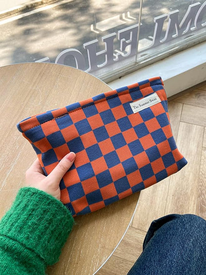 The Summer Swan Large Floral Mid-day Clutch Period Kit Hygiene Skincare Cute Makeup Bag (Colour Block Checkered Orange Navy)