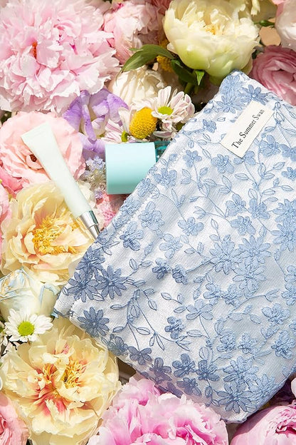 The Summer Swan | Floral Cosmetic Bag｜Large Aesthetic Makeup Bag Travel Personal Item Preppy Pouch Skincare (Embroidery Blue)