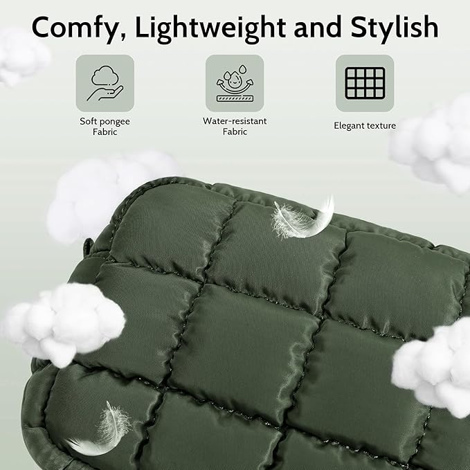 Quilted Cosmetic Bag, Puffer Makeup Bags, Crossbody Purses for women,Cute Travel Toiletry Bag for Women (Green)