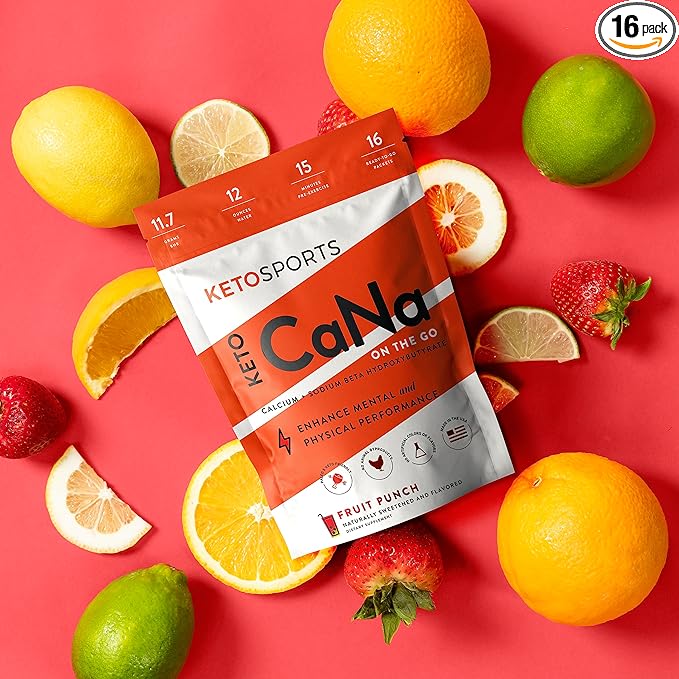 New KetoCaNa GO (Fruit Punch) Single Serve Dietary Ketone Supplement for Physical and Mental Performance, Keto and Paleo-Friendly, Naturally Sweetened and Flavored 16 Stick Packs