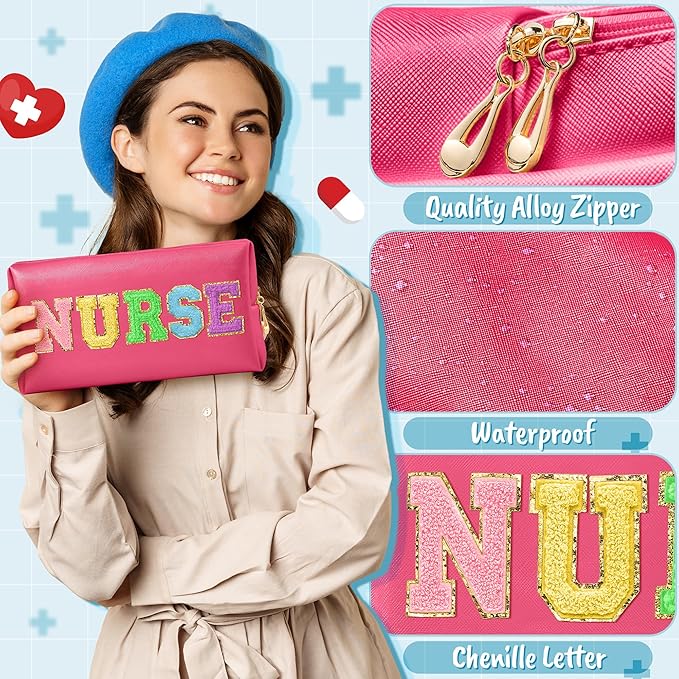 CY2SIDE NURSE Letter Makeup Bag - Colorful Chenille Letter Patch Cosmetic Bag Pink PU Leather Patch Travel Pouch Waterproof Portable Zipper Travel Organizer Case Christmas Gifts for Nurse Women